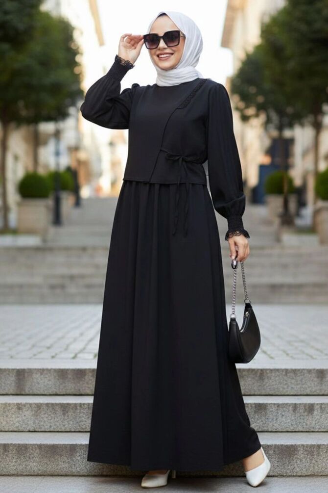 Tie Detailed Black Modest Dress 20324S - 1