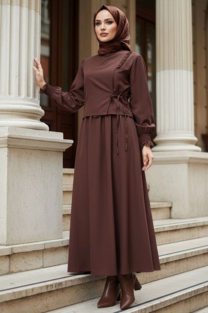 Tie Detailed Brown Modest Dress 20324KH - 1