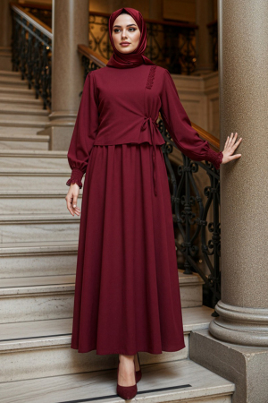 Tie Detailed Burgundy Modest Dress 20324BR 