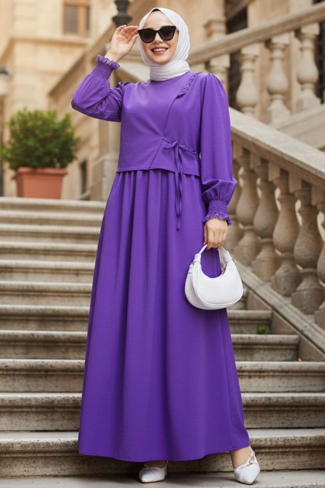 Tie Detailed Koyu Lila Modest Dress 20324KLILA - 1