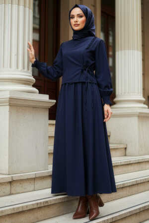 Tie Detailed Navy Blue Modest Dress 20324L - 1