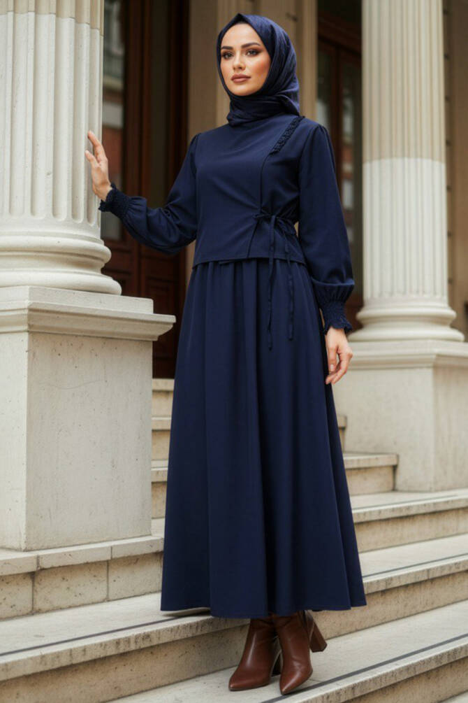 Tie Detailed Navy Blue Modest Dress 20324L - 1