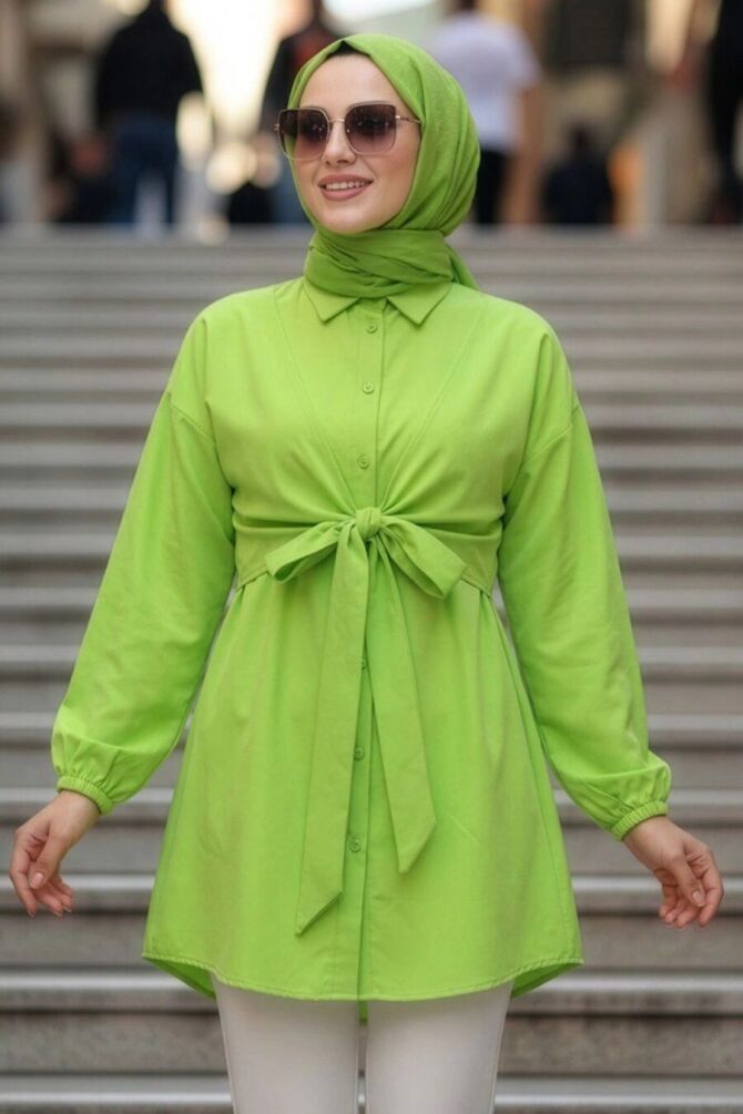 Tie Detailed Pistachio Green Modest Tunic 20316FY - 1