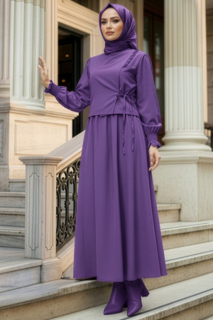 Tie Detailed Purple Modest Dress 20324MOR 