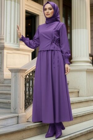 Tie Detailed Purple Modest Dress 20324MOR 