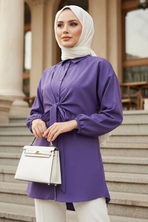 Tie Detailed Purple Modest Tunic 20316MOR 