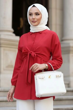 Tie Detailed Red Modest Tunic 20316K 