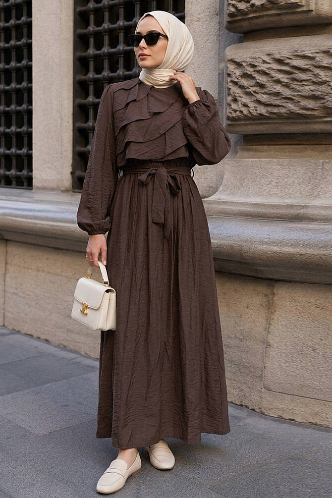 Tiered Cape-Detail Belted Brown Modest Dress 26075KH - 1