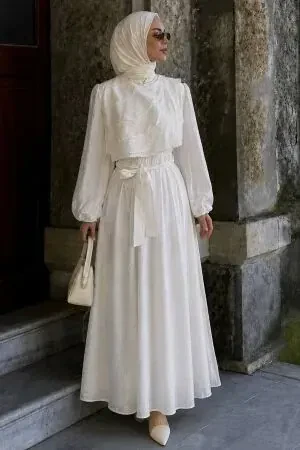 Tiered Cape-Detail Belted White Modest Dress 26075B - 1