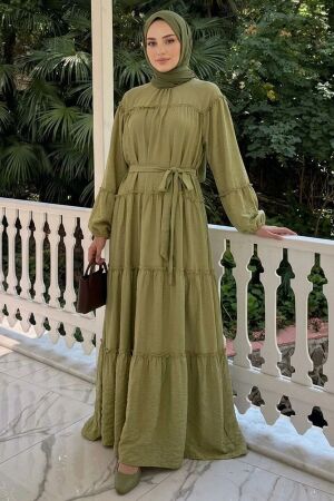 Tiered Gathered-Detail Light Khaki Modest Dress 5334AHK 