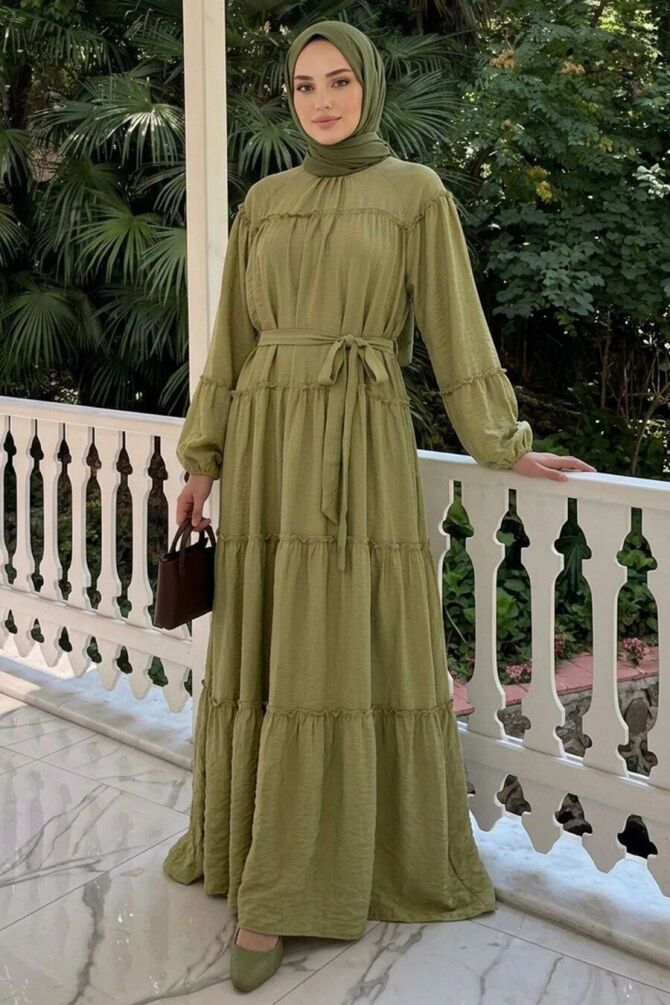 Tiered Gathered-Detail Light Khaki Modest Dress 5334AHK - 1