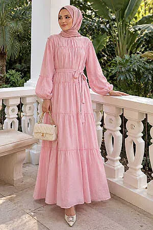 Tiered Gathered-Detail Pink Modest Dress 5334P 