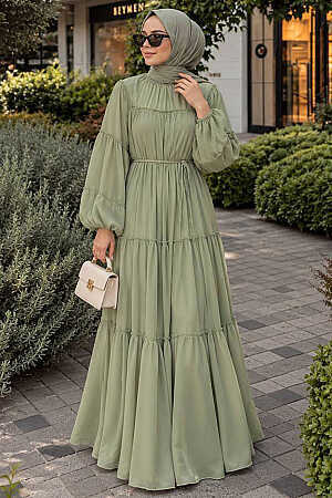 Tiered Gathered Pistachio Green Modest Dress 26148FY - 1