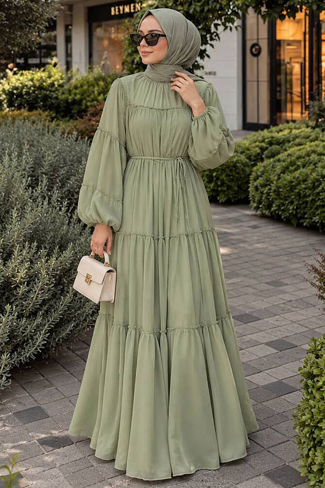 Tiered Gathered Pistachio Green Modest Dress 26148FY - 1
