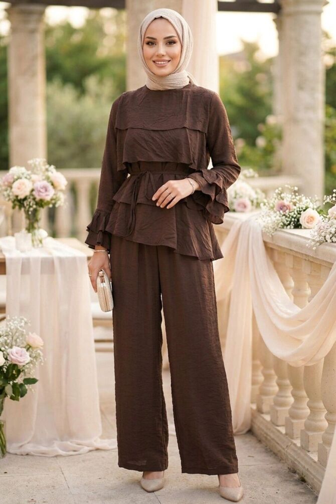 Tiered Ruffle-Detail Belted Tulle Modal Dark Brown Modest Set 31021KKH - 1