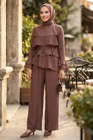 Tiered Ruffle-Detail Belted Tulle Modal Dark Mink Modest Set 31021KV - 1