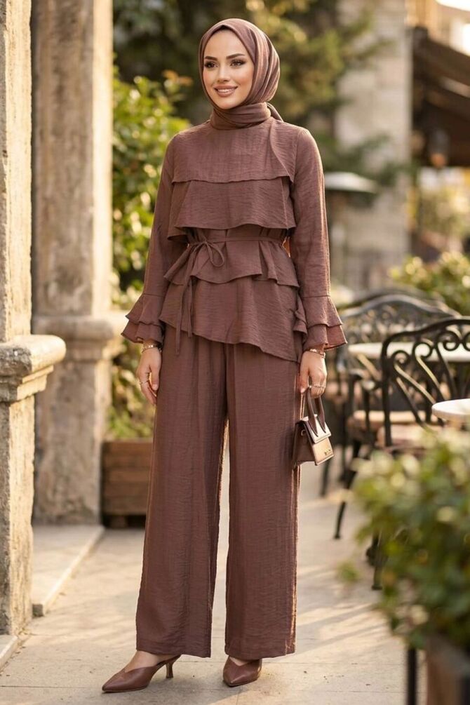 Tiered Ruffle-Detail Belted Tulle Modal Dark Mink Modest Set 31021KV - 1