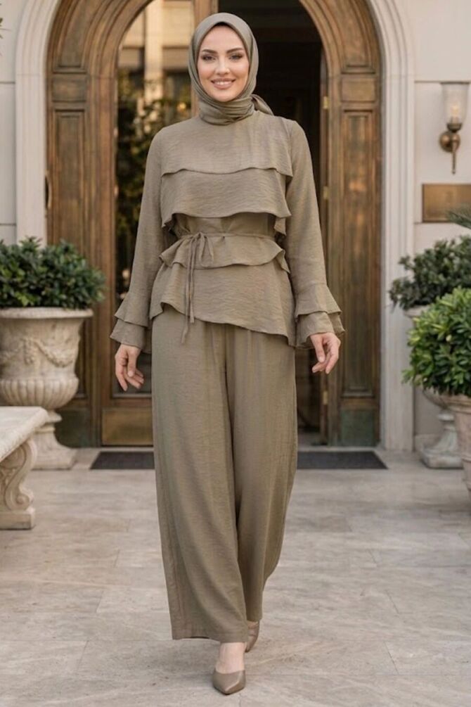 Tiered Ruffle-Detail Belted Tulle Modal Light Khaki Modest Set 31021AHK - 1