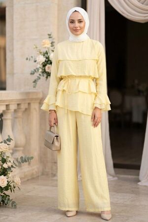 Tiered Ruffle-Detail Belted Tulle Modal Yellow Modest Set 31021SR 