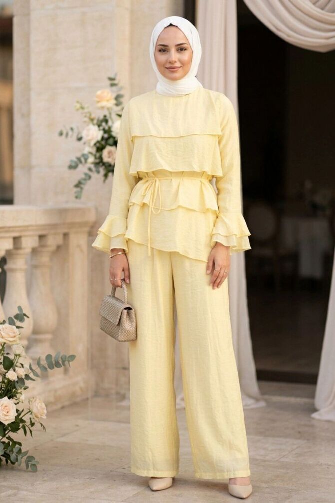 Tiered Ruffle-Detail Belted Tulle Modal Yellow Modest Set 31021SR - 1