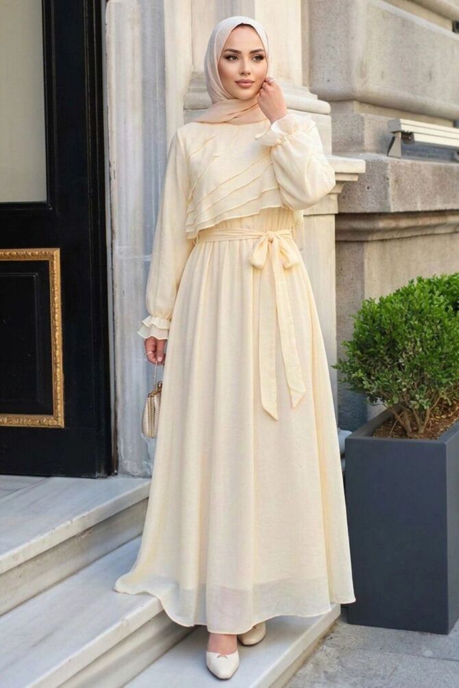 Tiered Ruffle-Detail Belted Yellow Modest Dress 5332SR - 1
