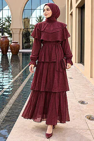 Tiered Ruffle-Detail Dark Plum Modest Dress 53271KMU 