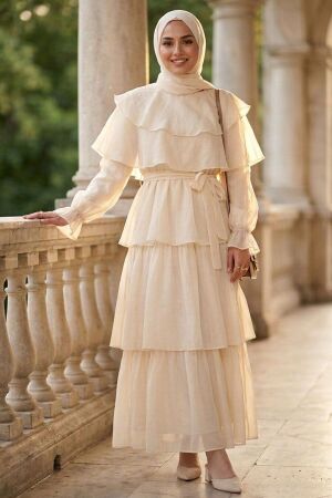 Tiered Ruffle-Detail Ecru Modest Dress 53271E 