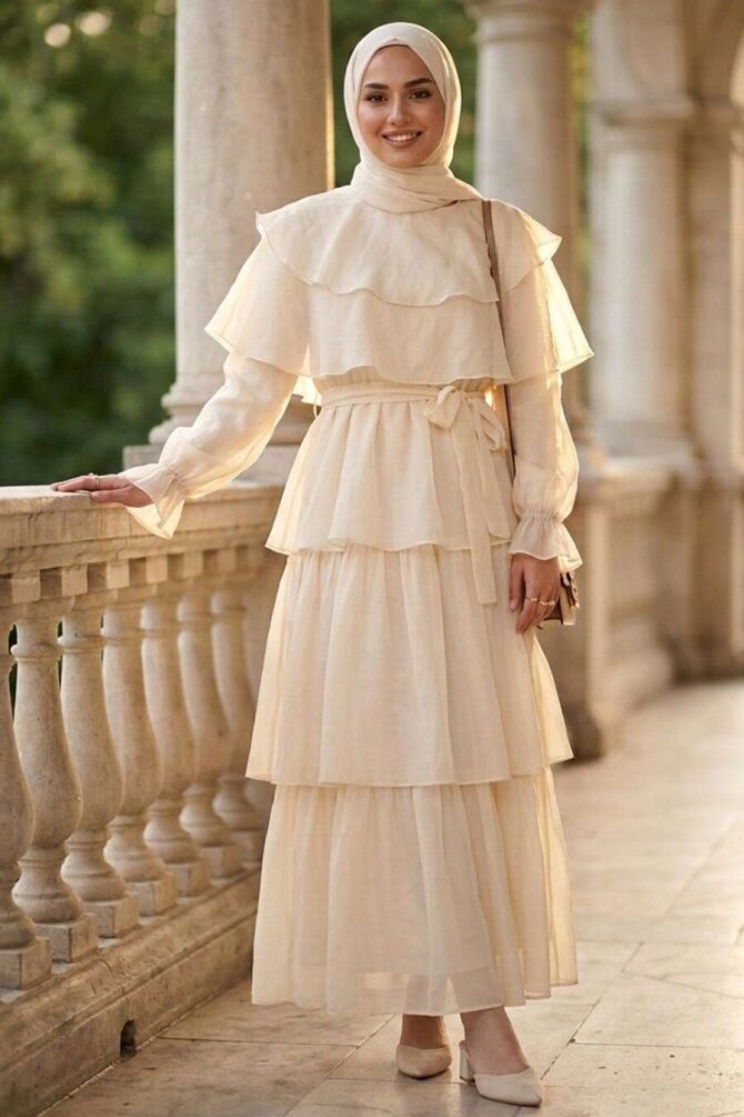 Tiered Ruffle-Detail Ecru Modest Dress 53271E - 1