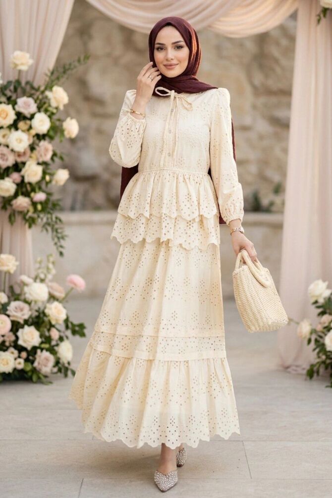 Tiered Ruffle-Detail Embroidered Beige Modest Set 50272BEJ - 1