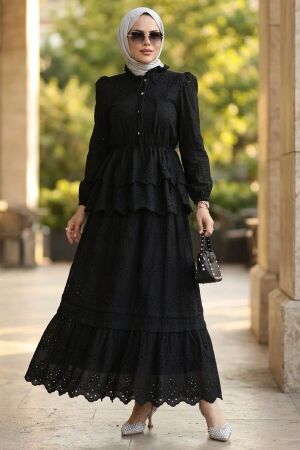 Tiered Ruffle-Detail Embroidered Black Modest Set 50272S 