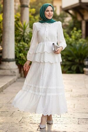 Tiered Ruffle-Detail Embroidered White Modest Set 50272B 