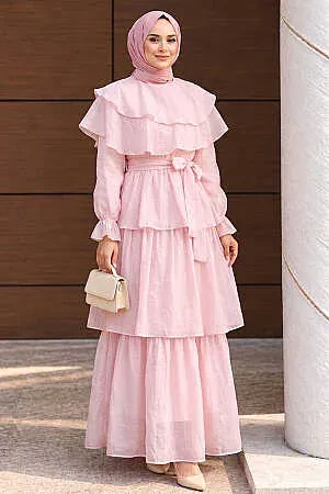 Tiered Ruffle-Detail Pink Modest Dress 53271P - 1