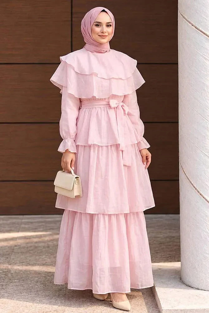 Tiered Ruffle-Detail Pink Modest Dress 53271P - 1