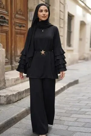 Tiered Sleeve Detail Black Modest Set 26155S - 1