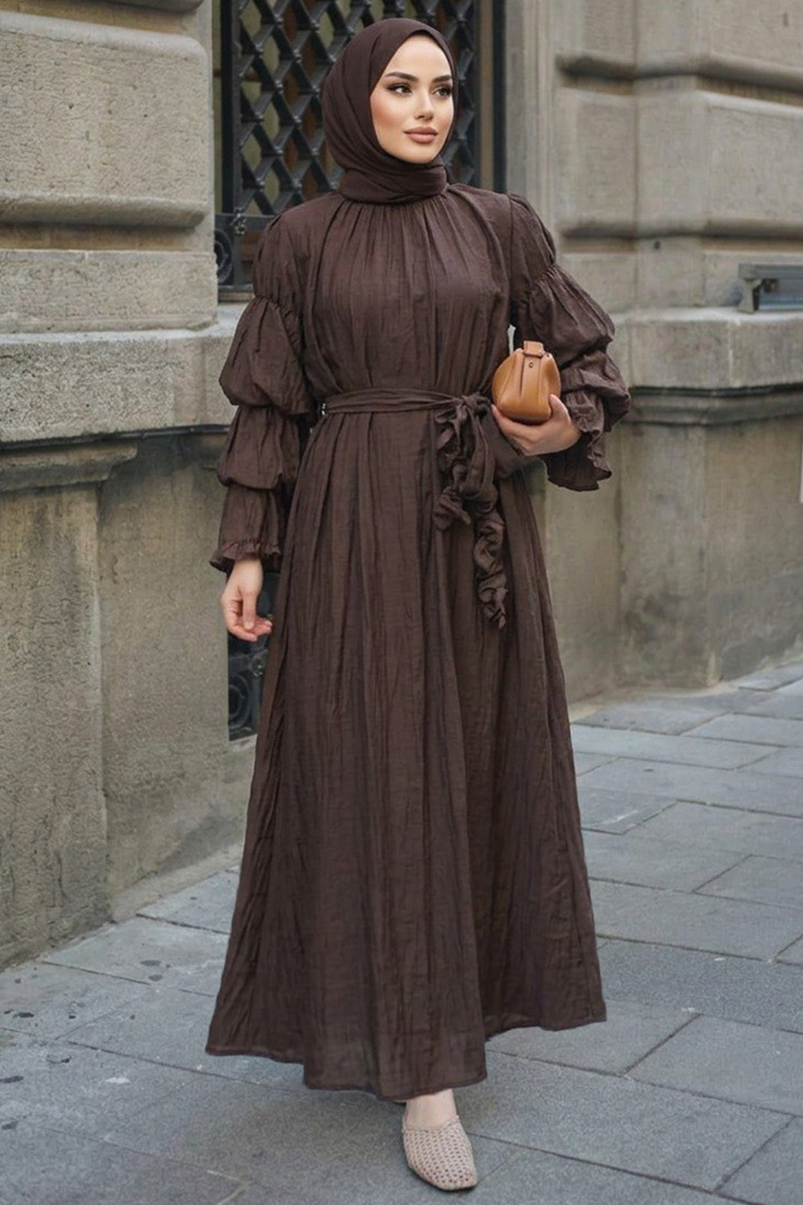 modest brown dress Tiered Sleeve Detail Scarf Collared BLD-26100KH modest dresses 1990s Spaghetti Strap Perfect Color:Black-Nude * Available in sizes cover up