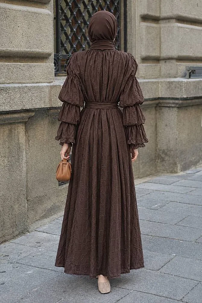 Tiered Sleeve Detail Scarf Collared Brown Modest Dress 26100KH - 2