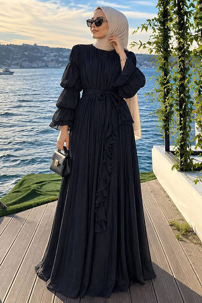 Tiered Sleeve Detail Scarf Collared Navy Blue Modest Dress 26100L - 1