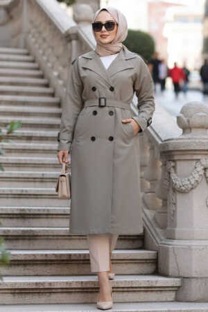 Tokalı Kemerli Açık Haki Tesettür Trençkot 26412AHK - N.S NEVA STYLE