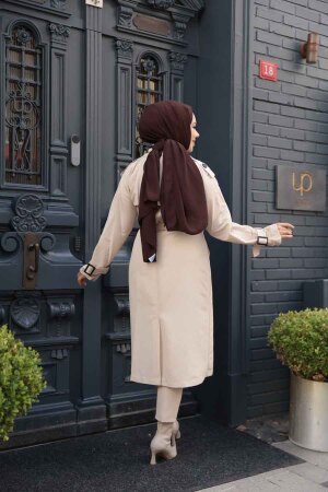 Tokalı Kemerli Bej Tesettür Trençkot 26412BEJ - 4