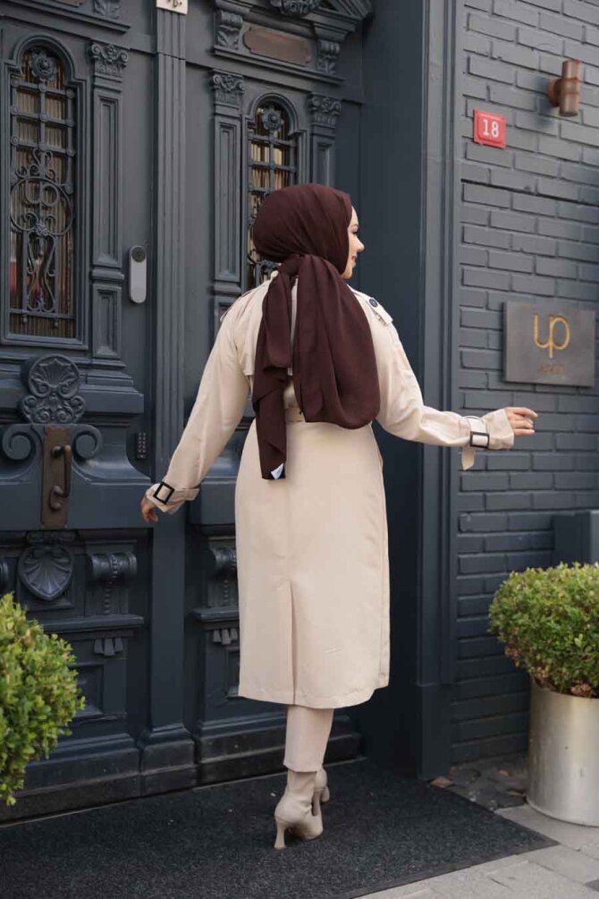 Tokalı Kemerli Bej Tesettür Trençkot 26412BEJ - 4