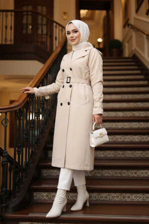 Tokalı Kemerli Bej Tesettür Trençkot 26412BEJ 