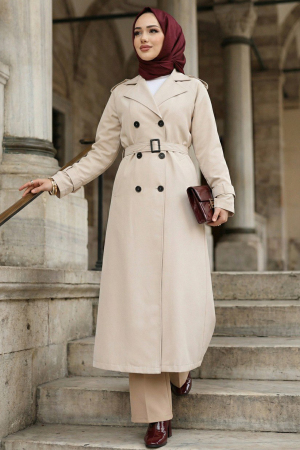 Tokalı Kemerli Bej Tesettür Trençkot 26413BEJ - N.S NEVA STYLE