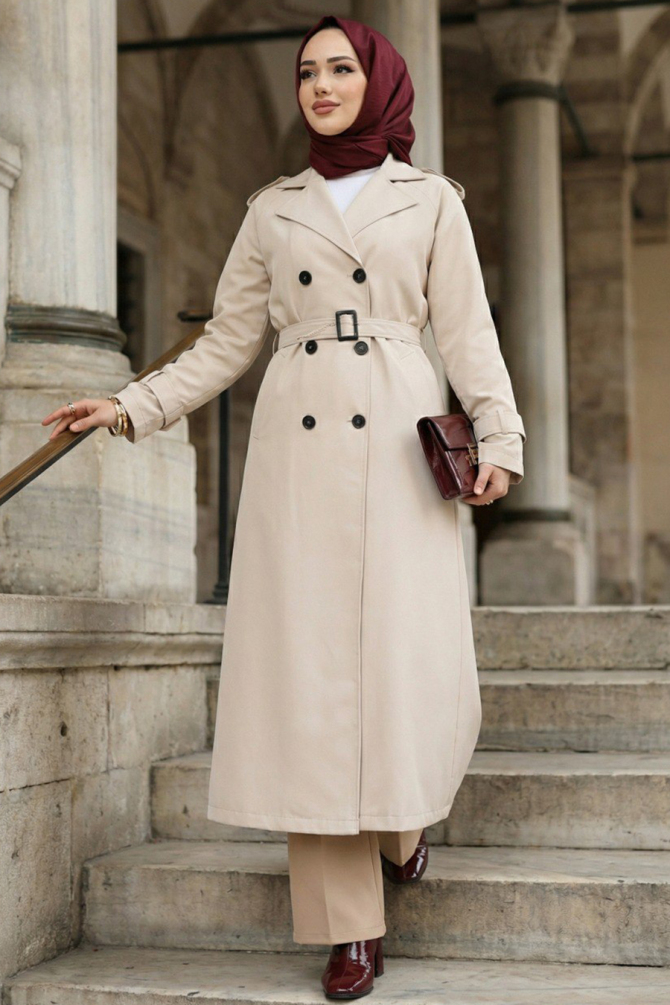 Tokalı Kemerli Bej Tesettür Trençkot 26413BEJ - 1