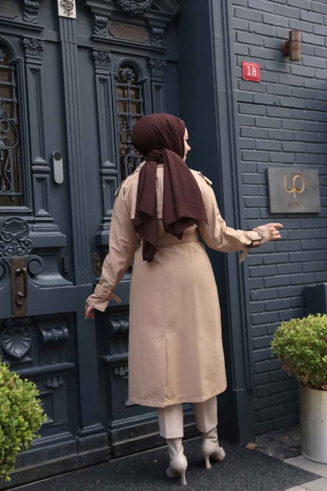 Tokalı Kemerli Bisküvi Tesettür Trençkot 26412BS - 4