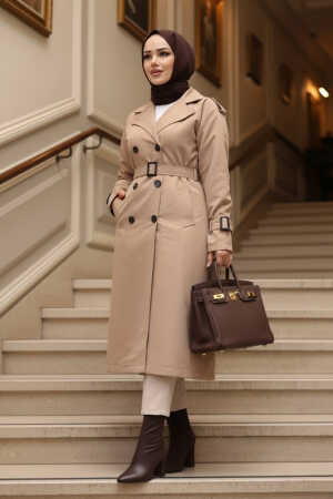 Tokalı Kemerli Bisküvi Tesettür Trençkot 26412BS - 1