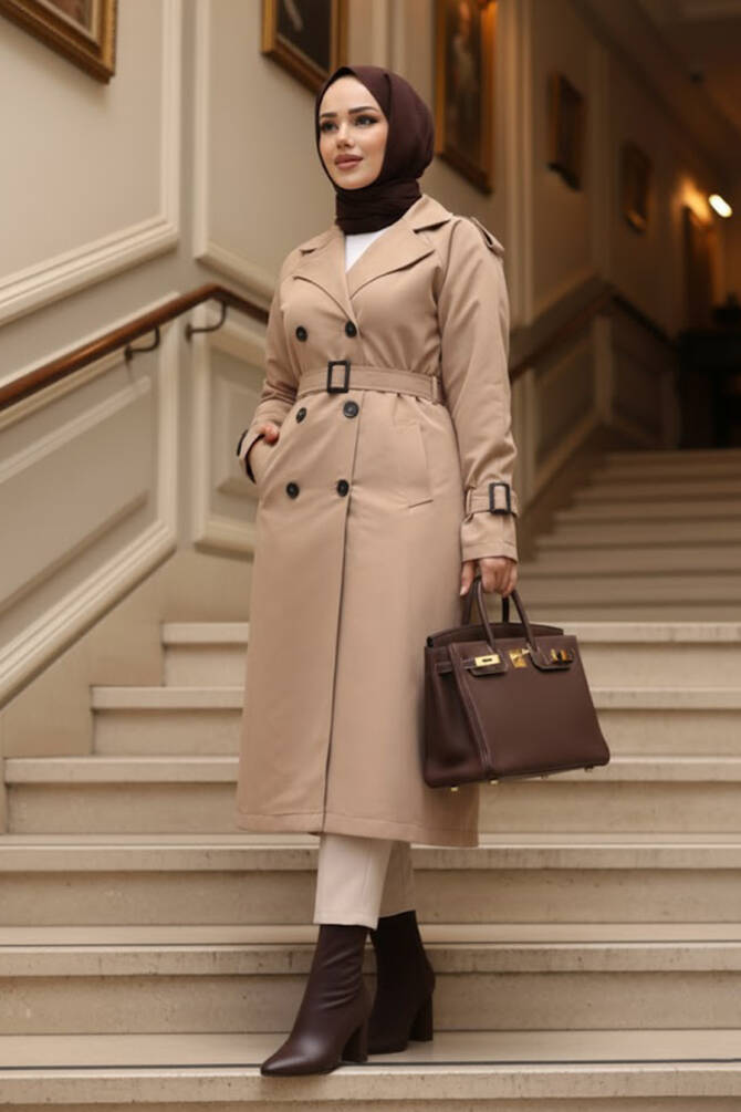 Tokalı Kemerli Bisküvi Tesettür Trençkot 26412BS - 1