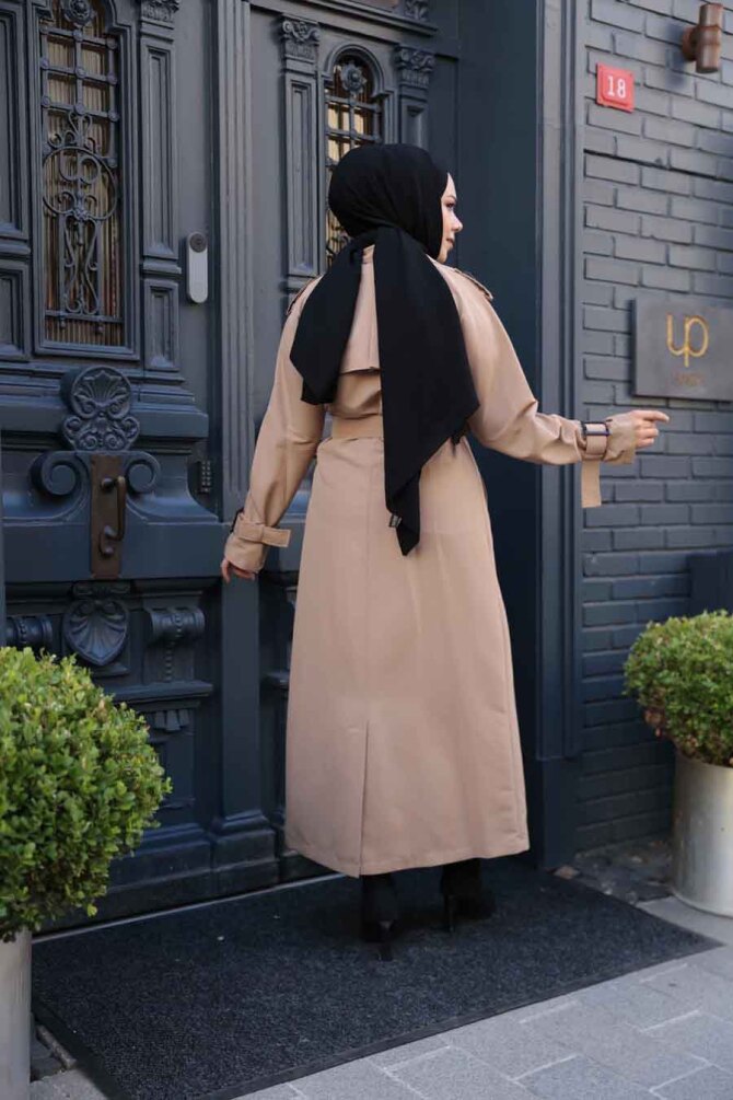 Tokalı Kemerli Bisküvi Tesettür Trençkot 26413BS - 3