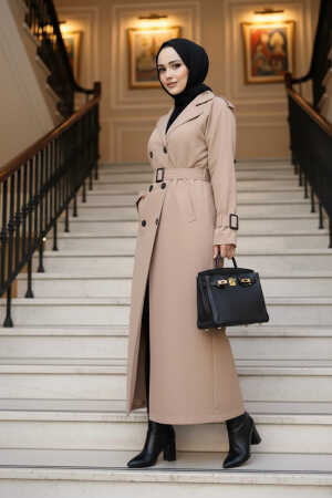 Tokalı Kemerli Bisküvi Tesettür Trençkot 26413BS 
