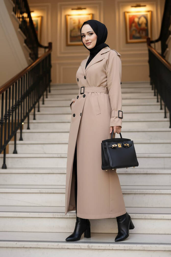 Tokalı Kemerli Bisküvi Tesettür Trençkot 26413BS - 1