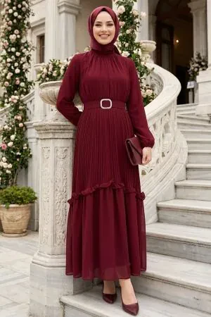 Tokalı Kemerli Bordo Tesettür Elbise 24683BR - 1